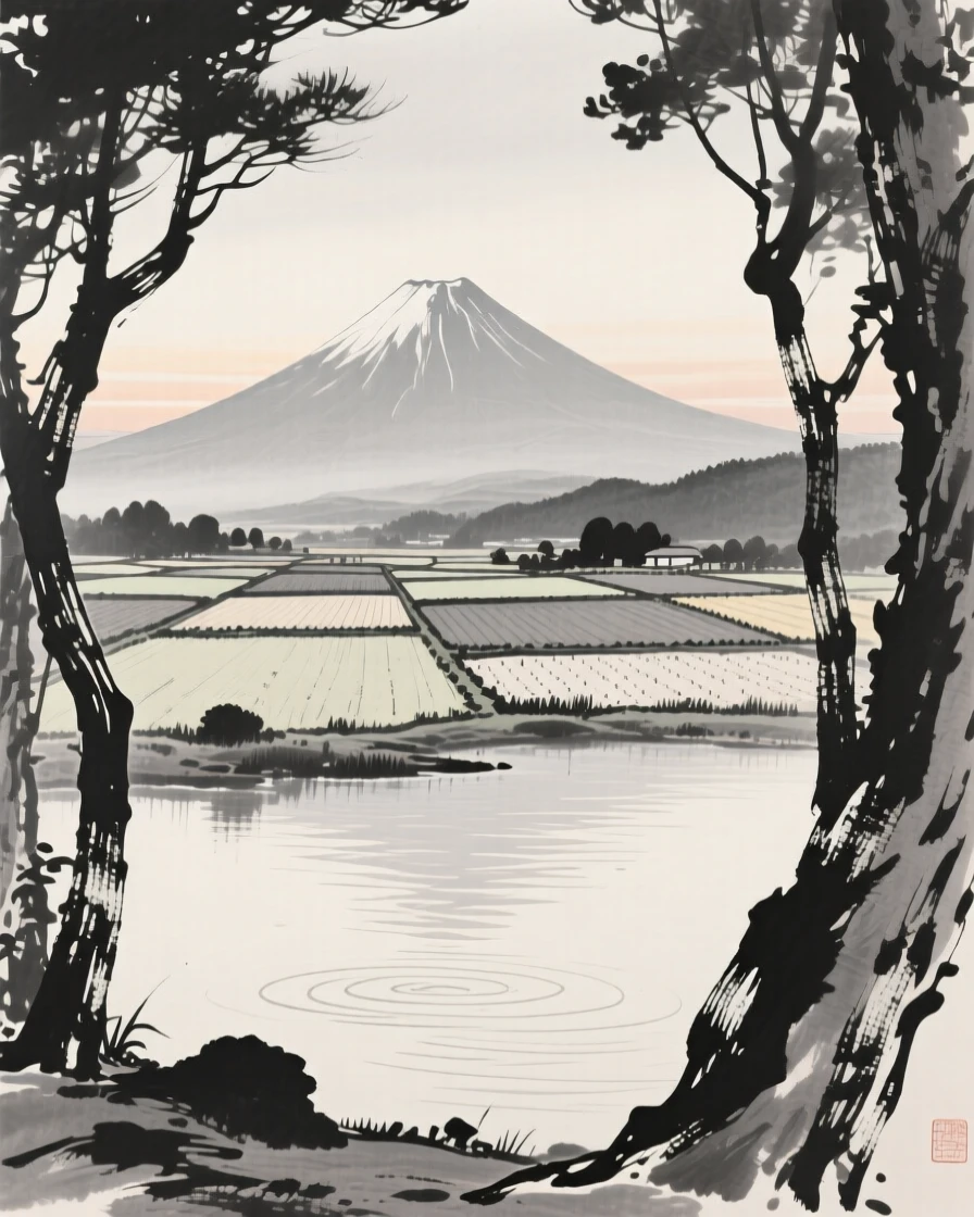 A distant volcano rising above a patchwork of fields at first light, when the world is still hushed and grey, framed through a gap in the trees, revealing the valley beyond, with faint ripples spreading slowly across the surface, capturing a fleeting, serene moment suspended in time.
