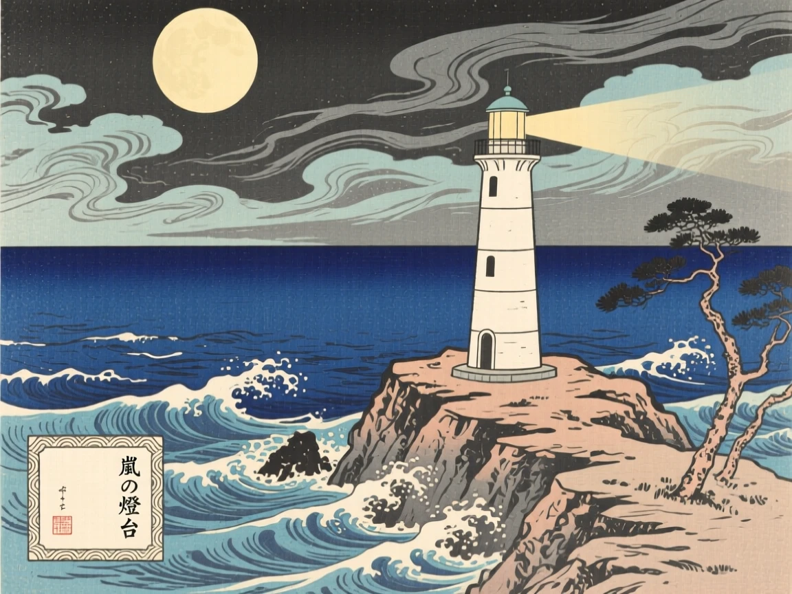 A lighthouse on a stony point as a storm gathers on the horizon, under a full moon.