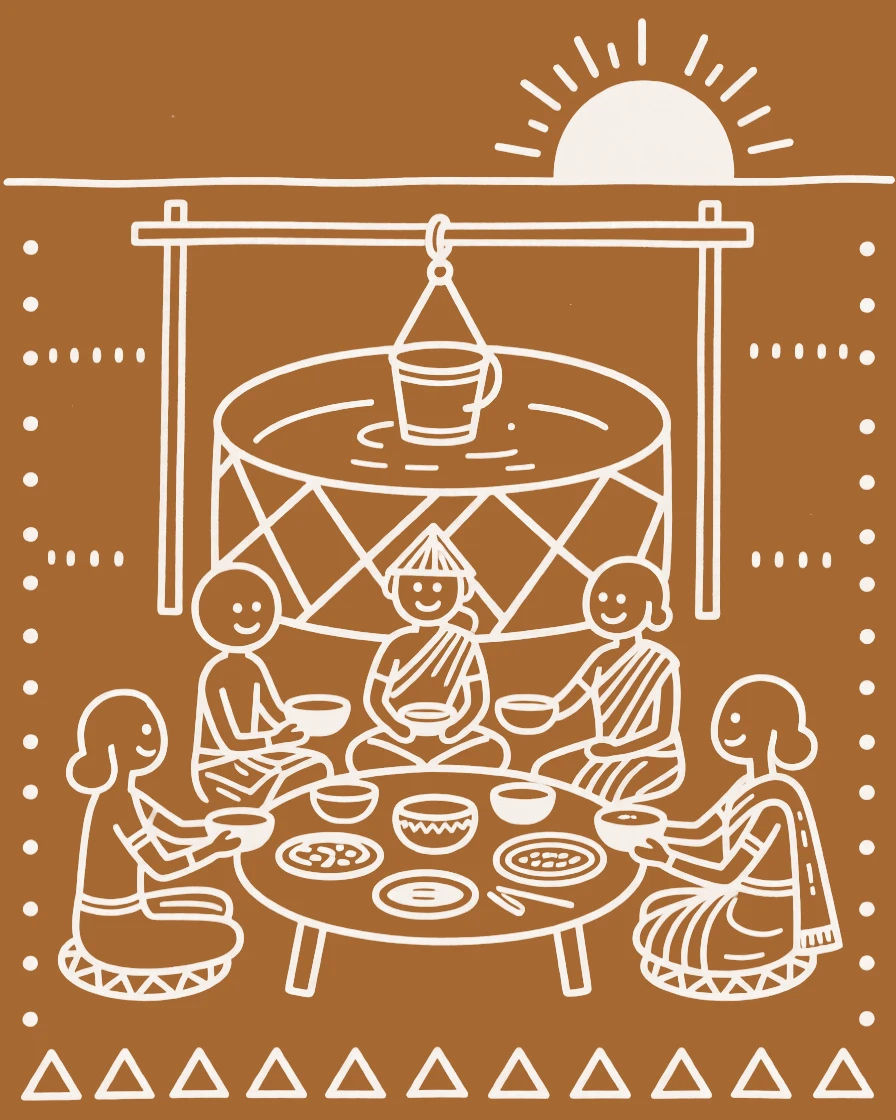 A group of lifelong friends sharing a quiet meal together near a well at sunrise.