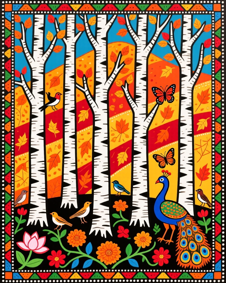 A grove of birch trees standing pale against an autumn hillside.