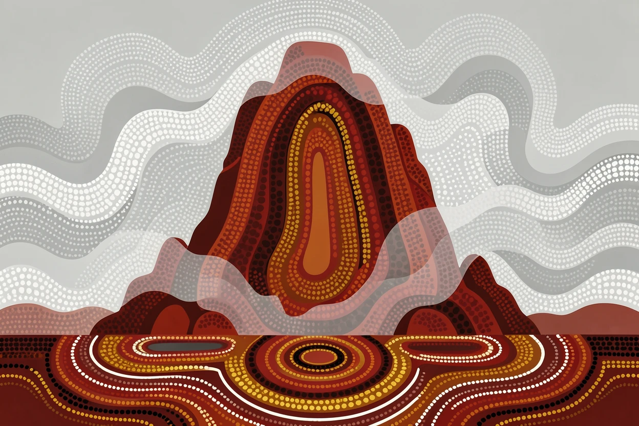 A towering red rock formation shrouded in morning mist