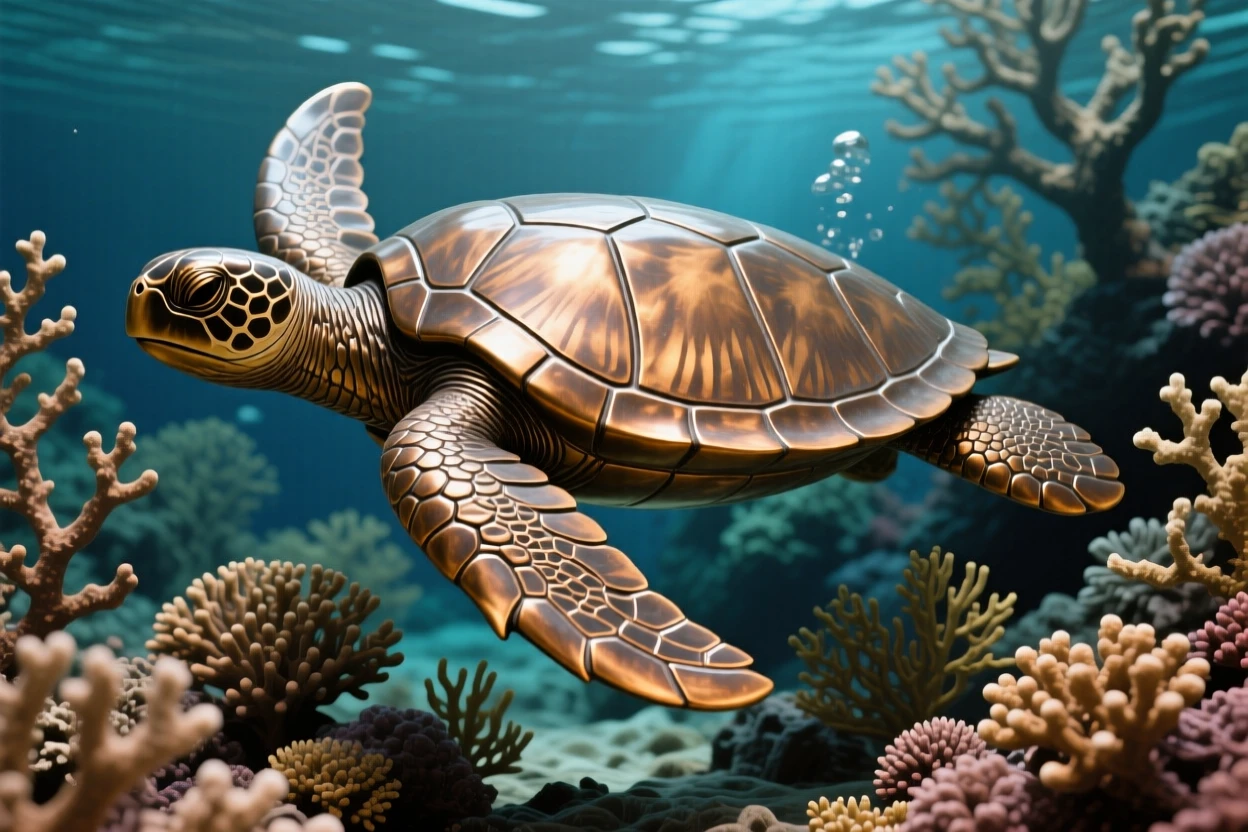 A majestic sea turtle gliding through coral reefs, with elegant, flowing form, evoking wonder and majesty