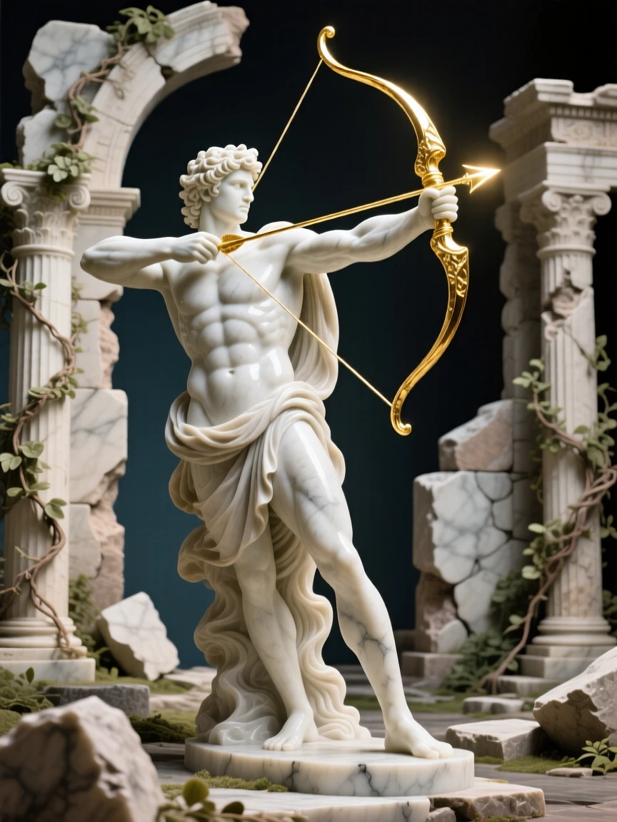 Apollo drawing back a golden bow of light, amid ancient ruins reclaimed by nature, radiating power and legend