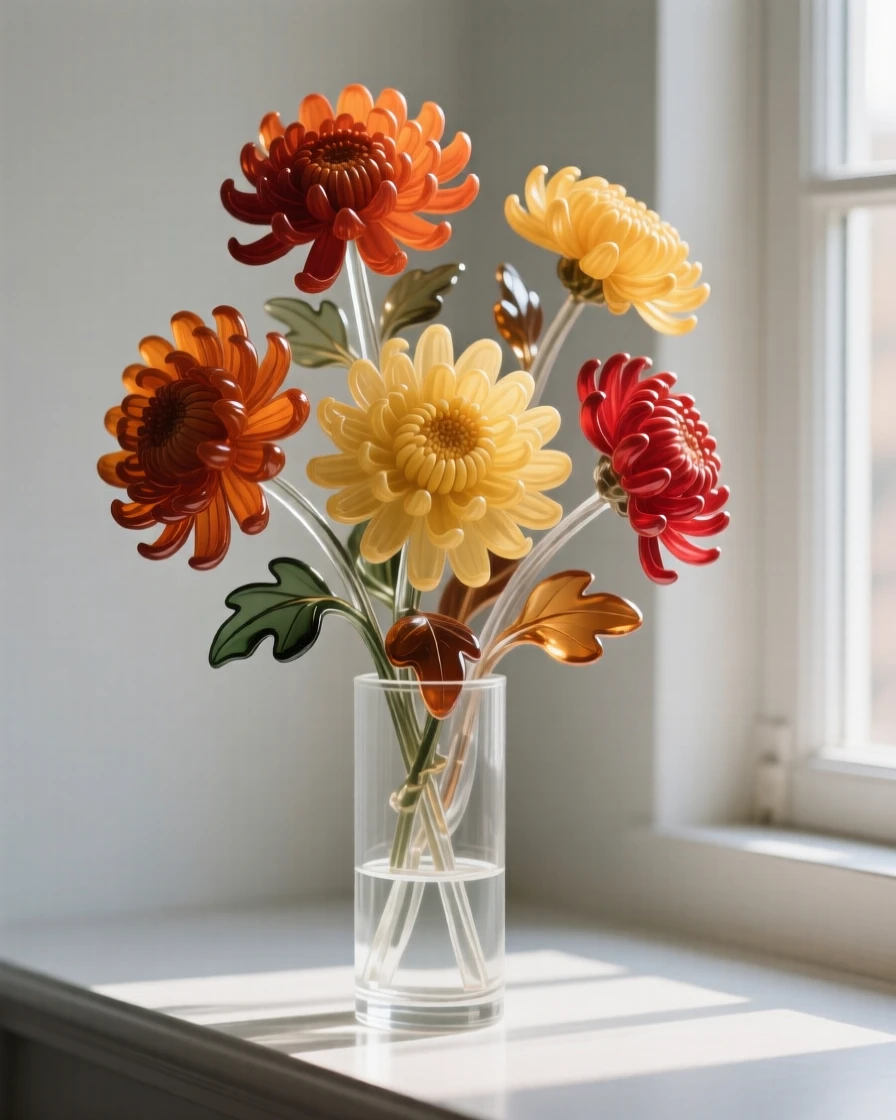 Chrysanthemums in autumn colors arranged in an elegant vase on a windowsill, soft diffused light streaming in, creating a tranquil still-life mood.