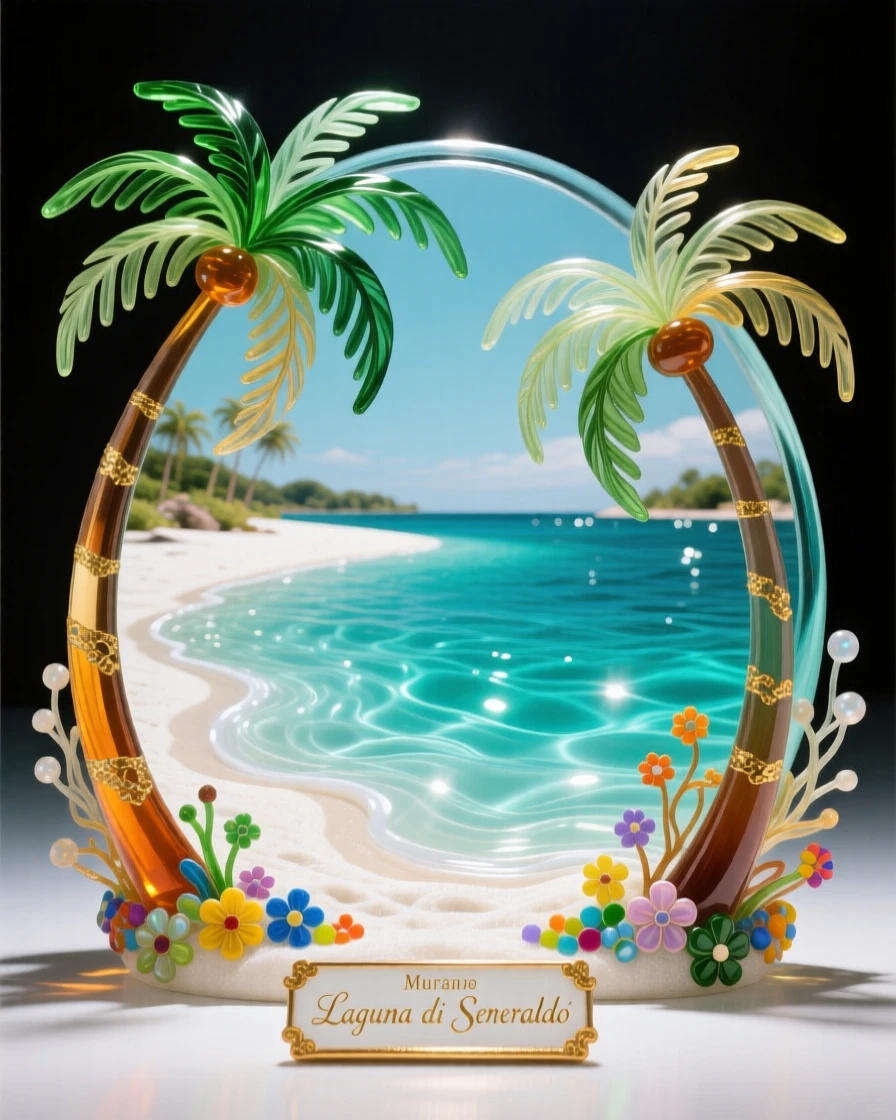 A crystal-clear turquoise lagoon surrounded by white sand and palm trees, idyllic and inviting.