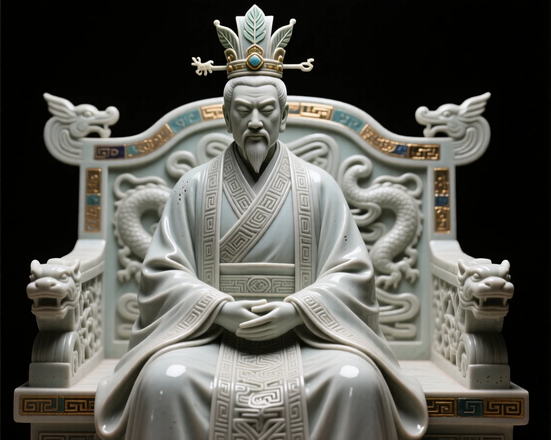 An ancient emperor seated upon a throne frozen in a moment of ancient ritual, crowned with symbolic ornamentation, conveying quiet authority and enduring legacy.