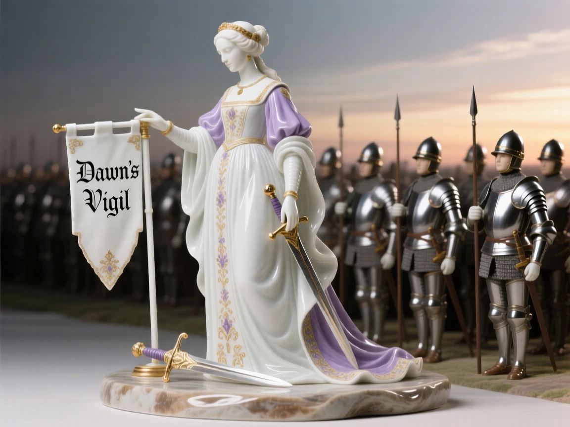 A regal Renaissance noblewoman reviewing troops at dawn, surrounded by the trappings of a bygone era.