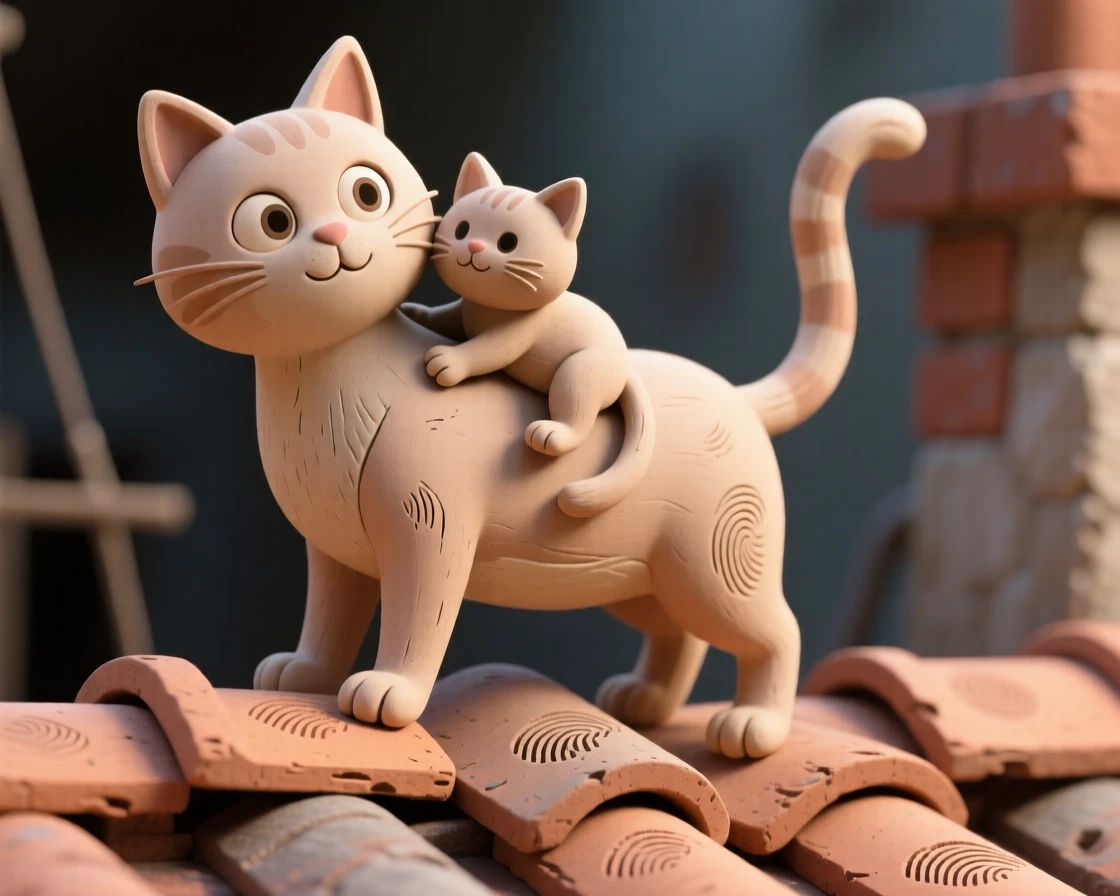 A mother cat carrying a kitten gently by the scruff across a rooftop