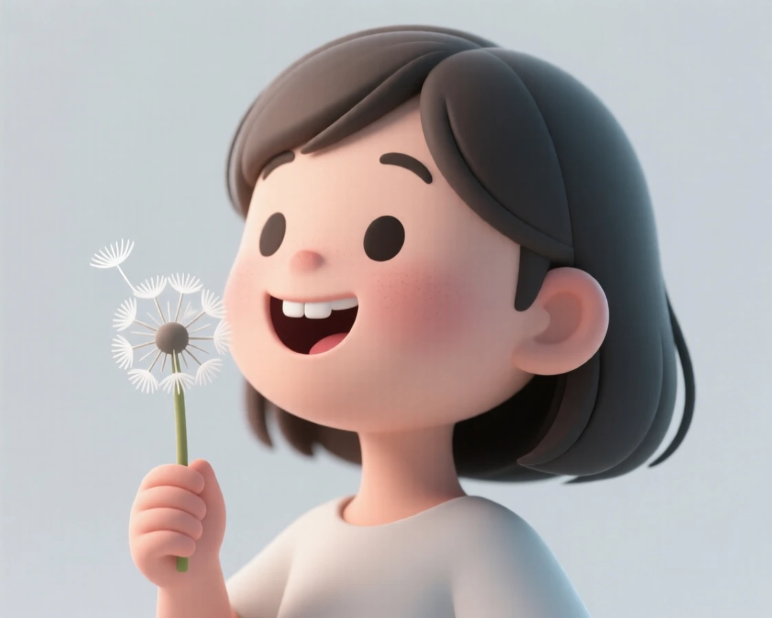A young girl with missing front teeth grins widely while holding a dandelion up to blow its seeds into the wind.