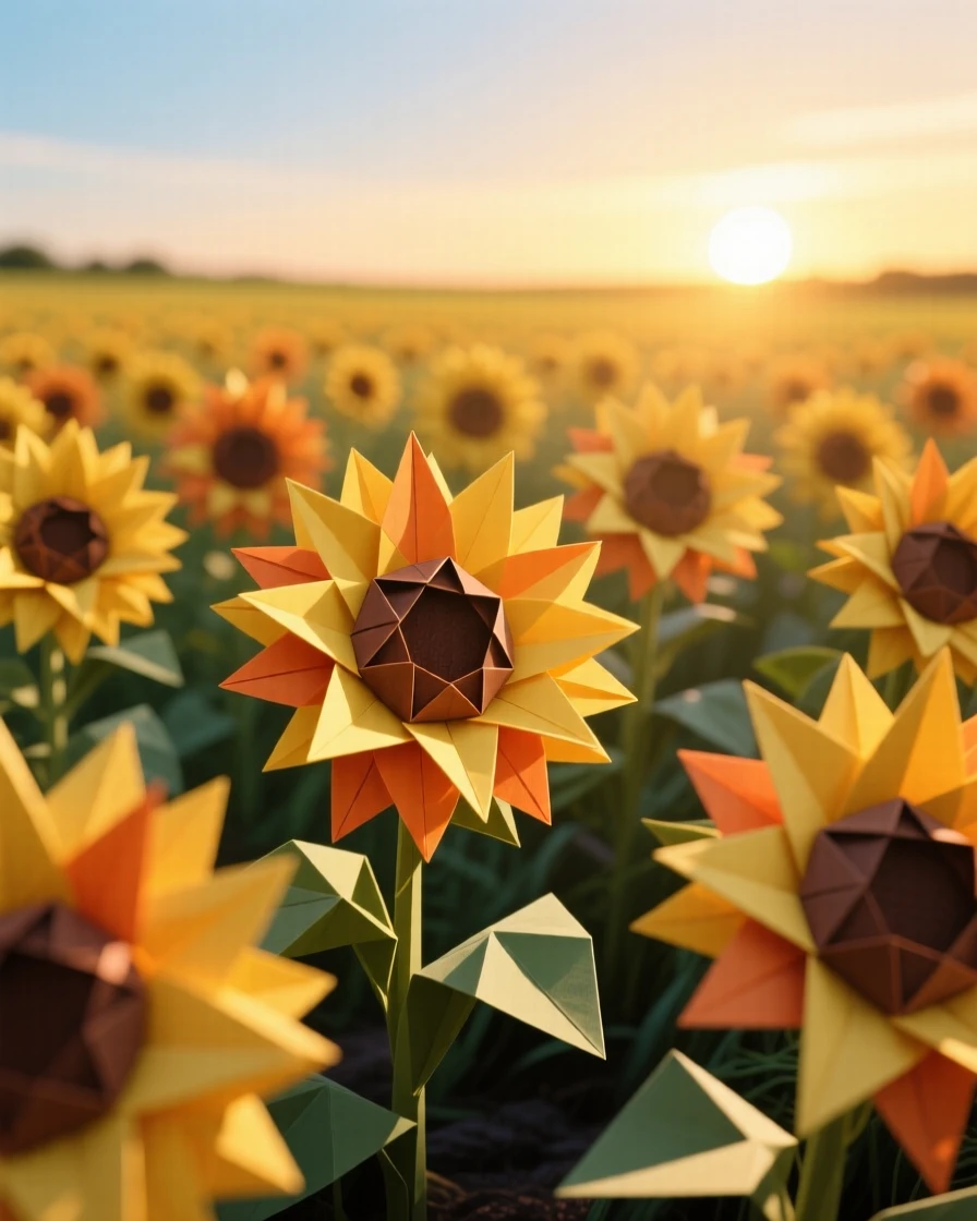 A field of sunflowers all turned toward a golden late-afternoon sun.
