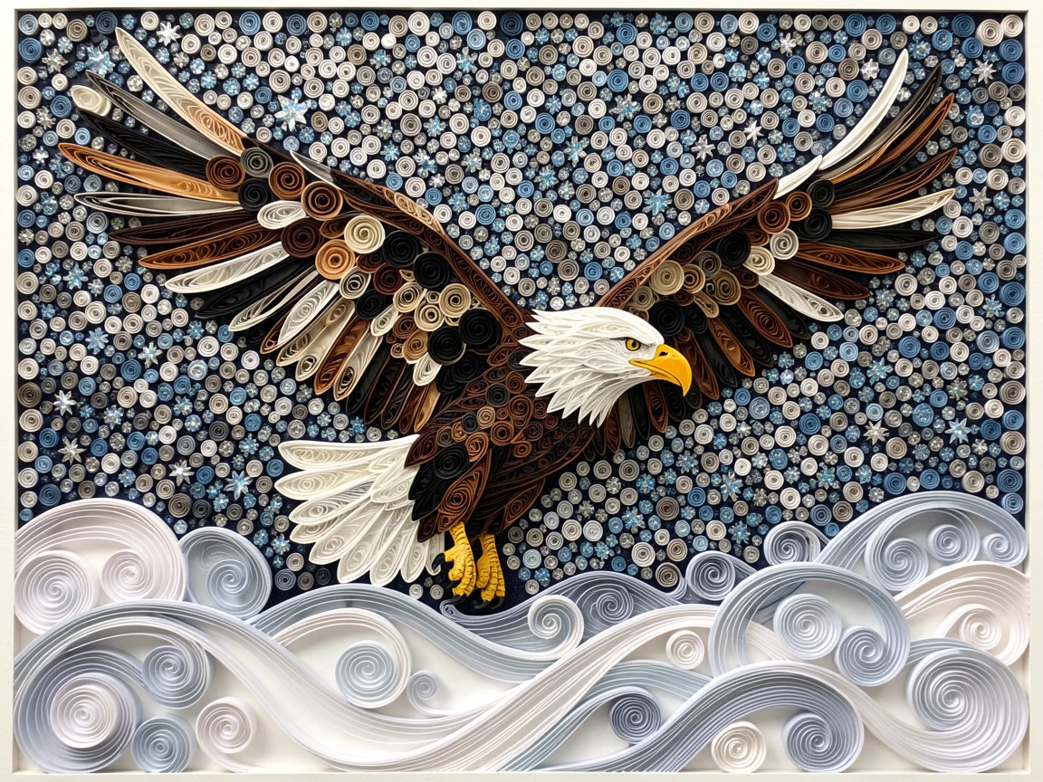 A striking wildlife scene of a soaring bald eagle with wings fully spread beneath a vast star-filled night sky, with mist rolling low across the ground, captured mid-action with dynamic movement.