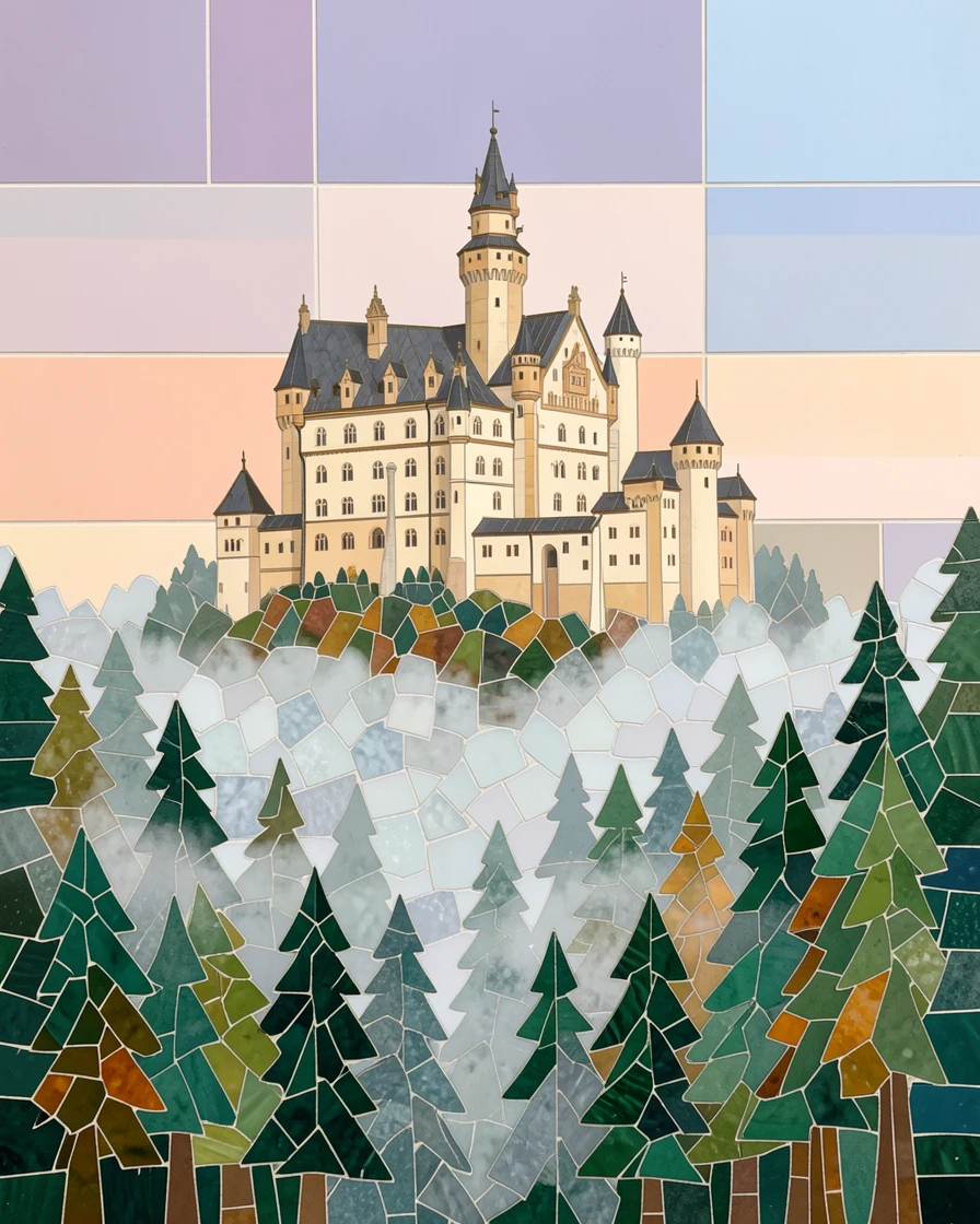 Neuschwanstein Castle rising from a misty Bavarian forest.