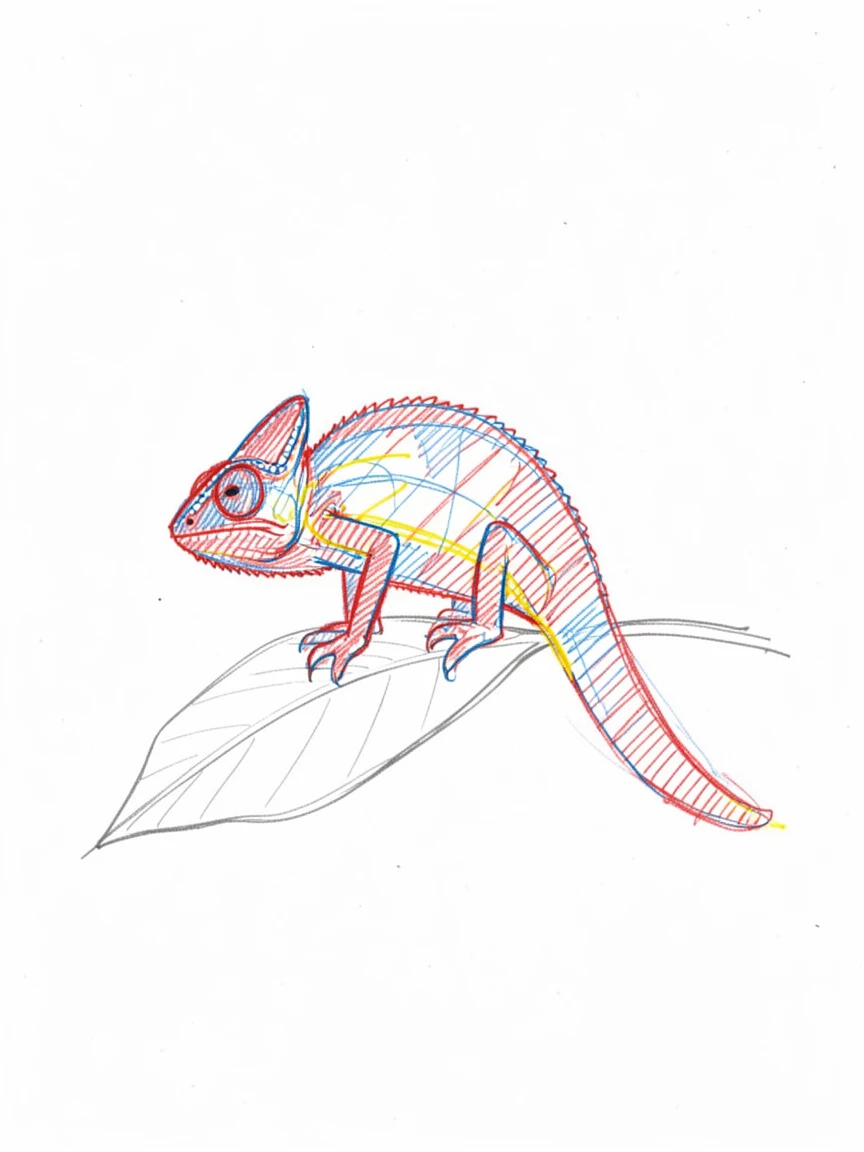 A chameleon perched on a leaf, mid-transformation of vivid color