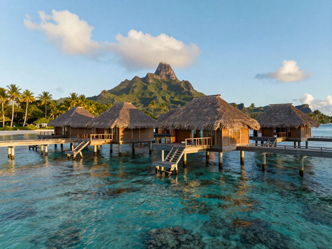 Bora Bora's overwater bungalows above turquoise lagoons