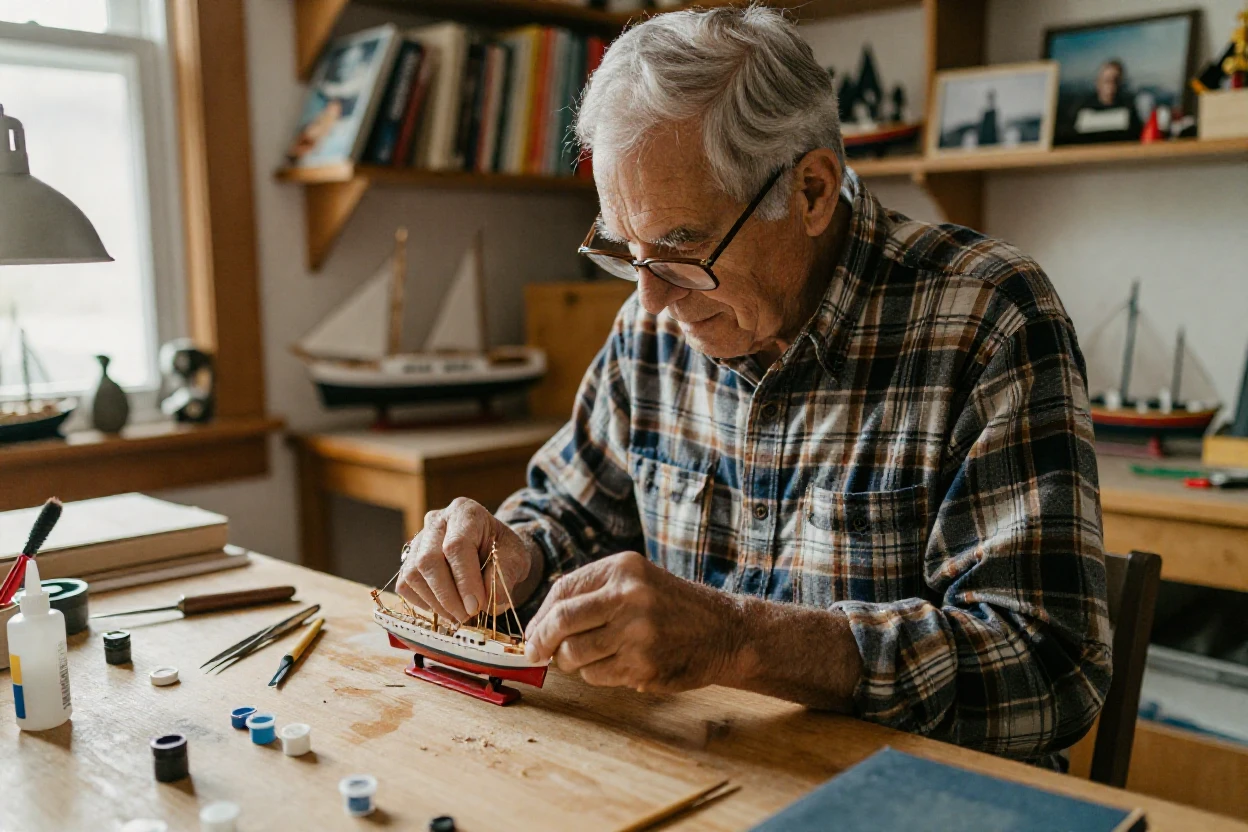 A grandfather assembles a model ship with painstaking care at his workbench.