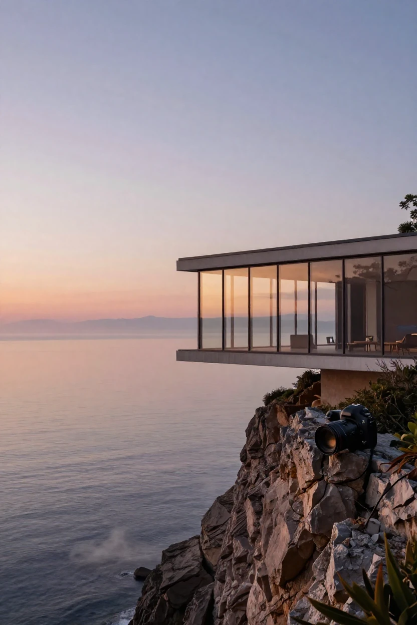 A minimalist glass house perched on a cliffside overlooking a calm ocean