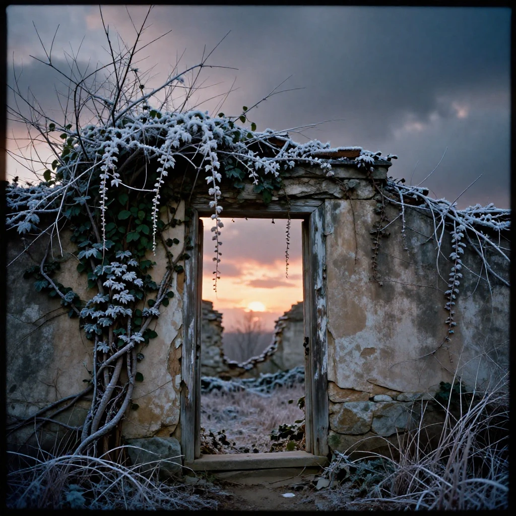 A crumbling ancient ruin overtaken by climbing vines, under a glowing sunset sky, under a darkening storm sky, in the depths of winter, in cool blues and silvery greys, framed through an open doorway.