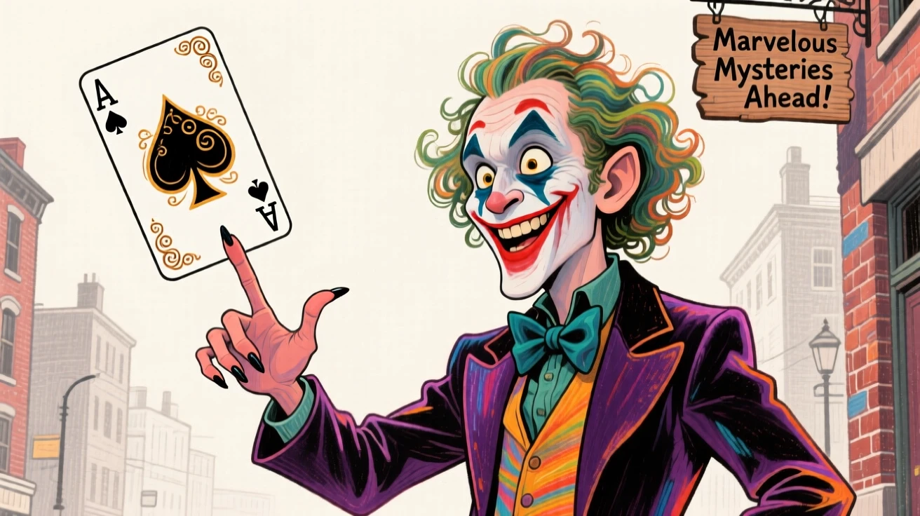 A charismatic fictional street magician levitating a playing card between two fingers.