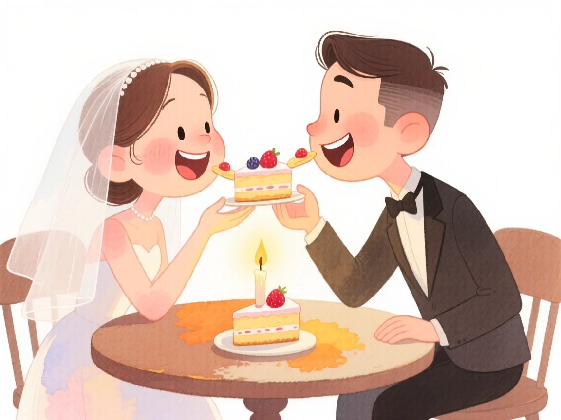 Newlyweds feeding each other bites of dessert at a candlelit table