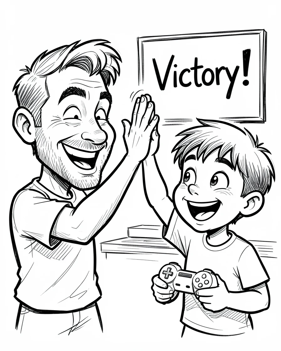 [Family & Relationship Moments] Heartwarming scene of a dad and son high-fiving after winning a video game together, radiating love and warmth