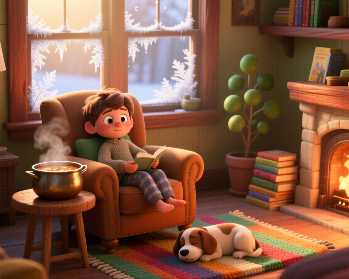 A young reader curled in an armchair sits beside a window streaked with morning frost, stirring a pot of simmering soup. The mood is snug, tender, and softly domestic, with a small dog dozing nearby.