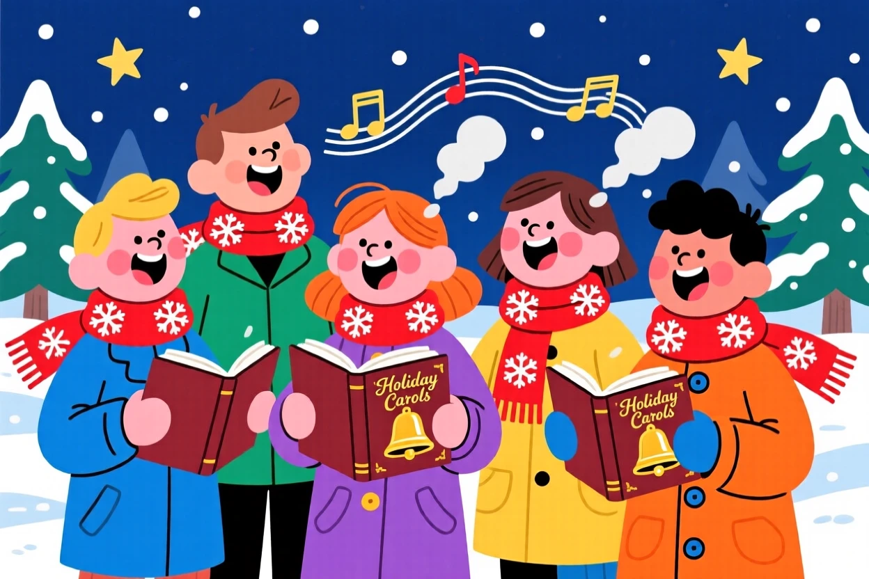 A group of friends caroling in matching winter scarves.