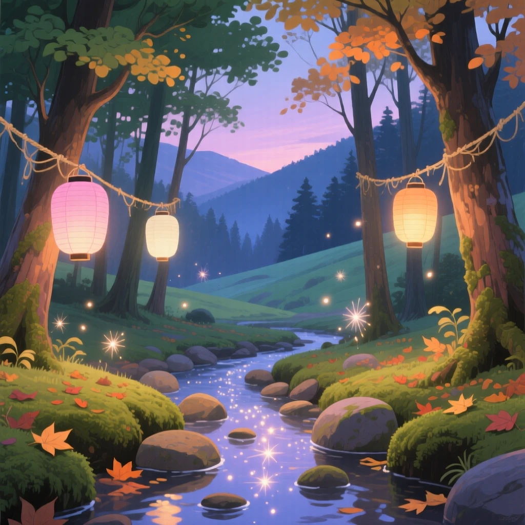 A grove of trees strung with delicate paper lanterns, a narrow stream trickling over smooth stones, creating a scene of quiet natural magic.