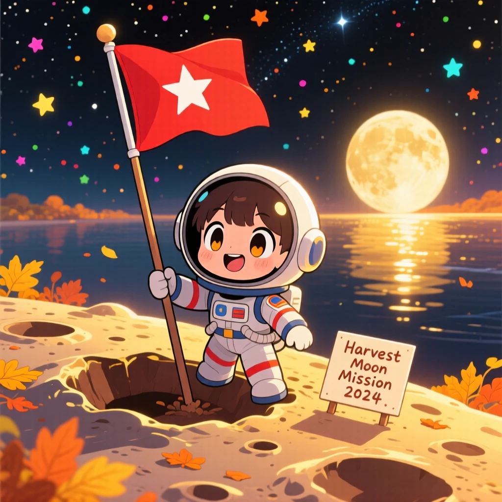 A junior astronaut planting a flag on a cratered moon surface, framed as a dynamic diagonal composition within a starlit lunar landscape, during golden autumn harvest season, glowing under shimmering reflected light off water, evoking peaceful calm.