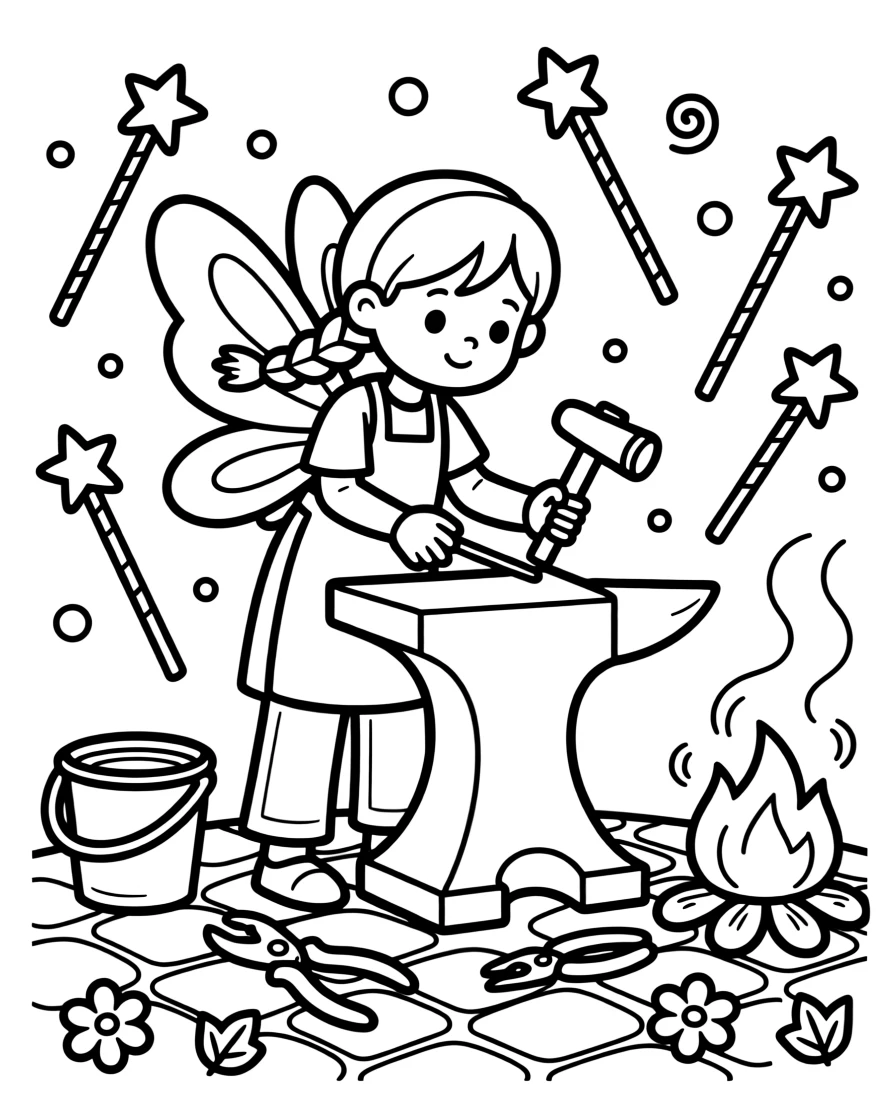 A fairy blacksmith forging tiny magic wands