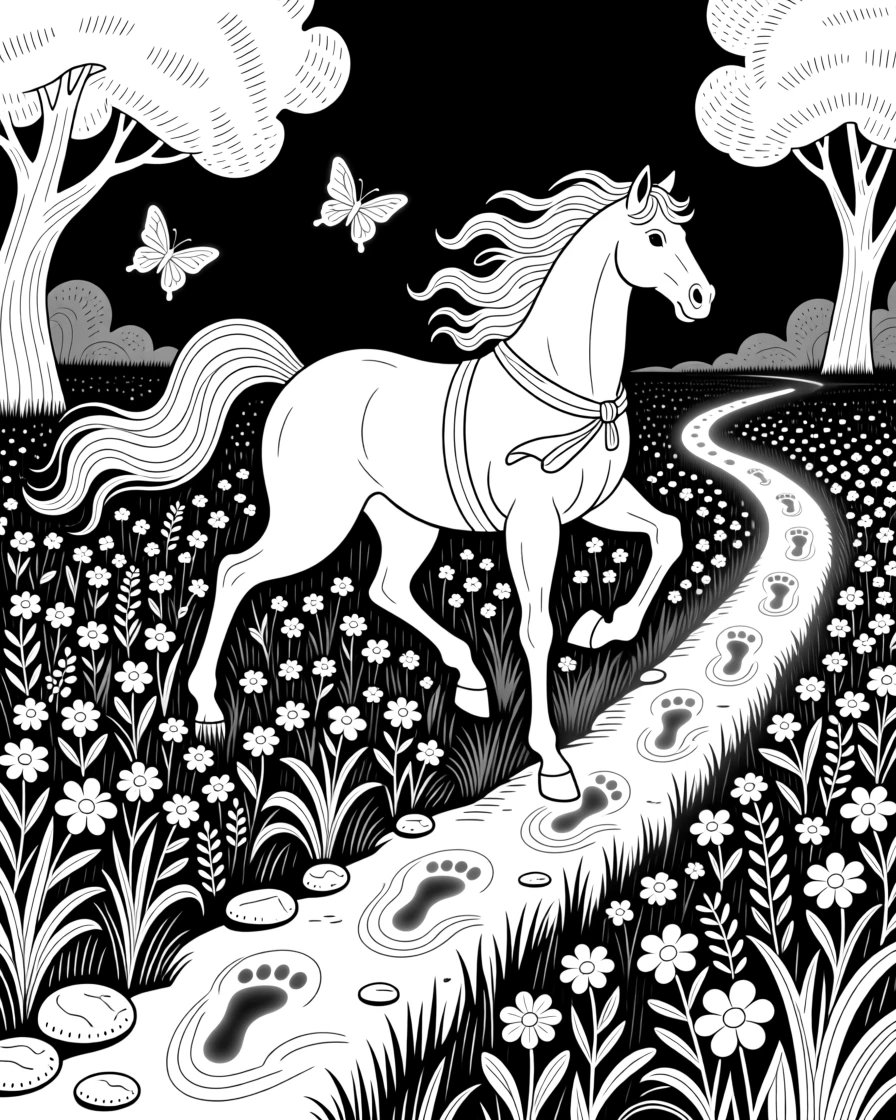 A centaur galloping through a flowering meadow, with a trail of glowing footprints leading into the dark.