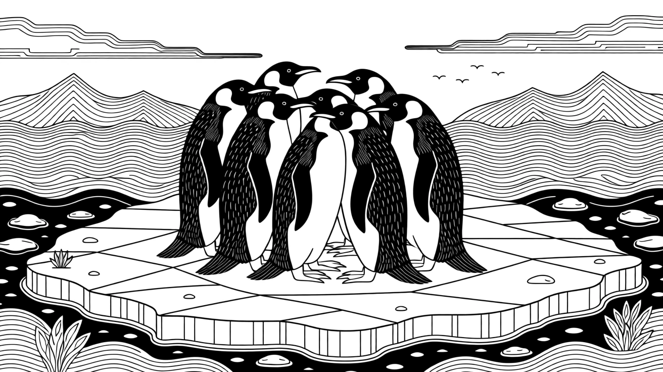 A group of penguins huddled together on an ice floe.