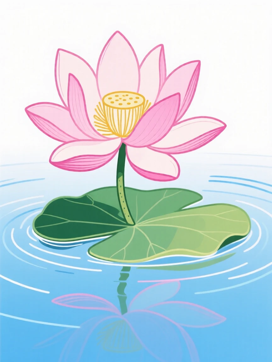 A single lotus flower floating on a still pond.