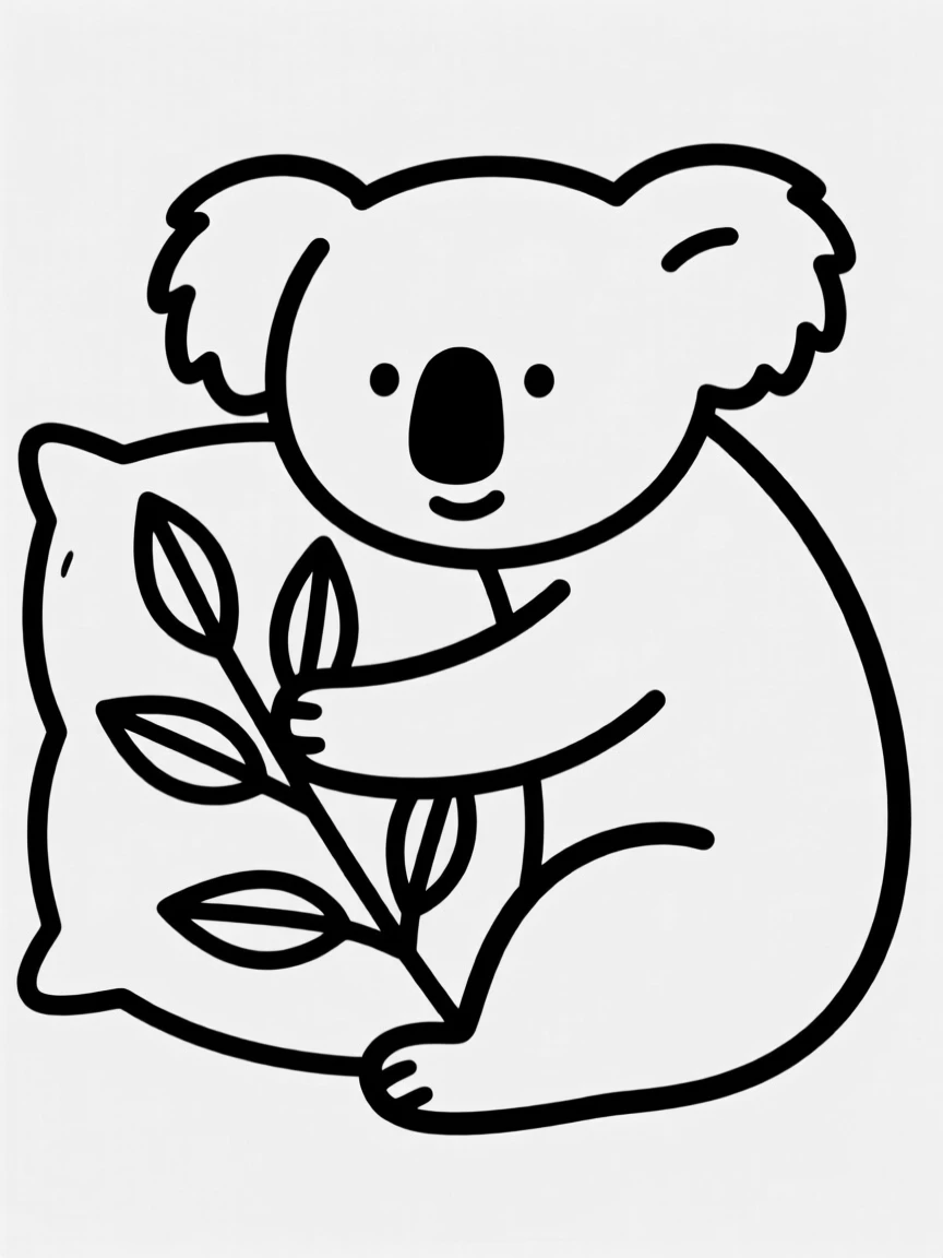 A round koala character hugging a eucalyptus-shaped pillow.
