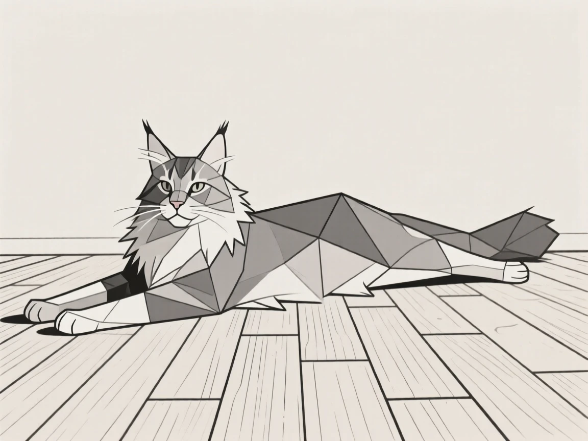 A Maine Coon cat stretching on a wooden floor