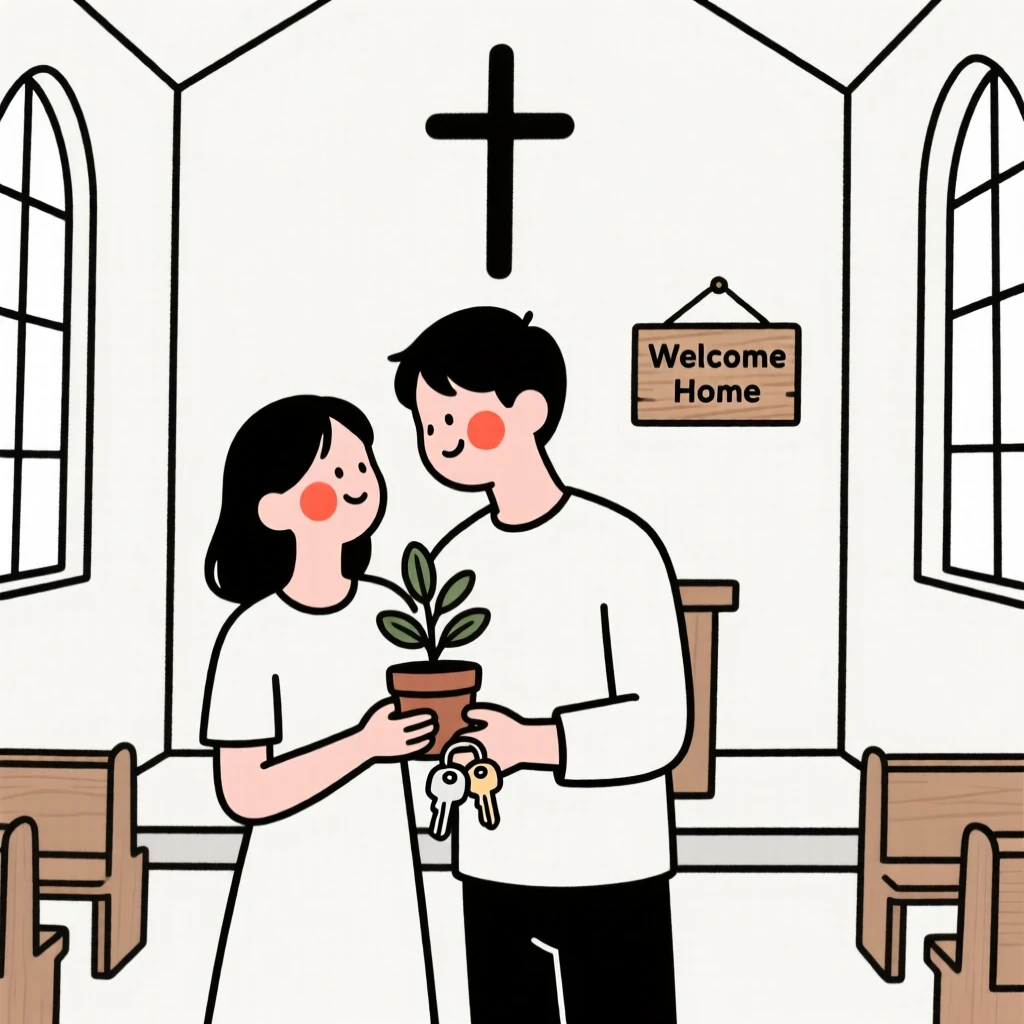 A young couple celebrating a housewarming, in a quiet chapel.