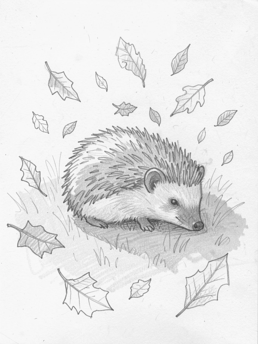 A tiny hedgehog napping in a patch of warm sunlight, surrounded by falling autumn leaves.