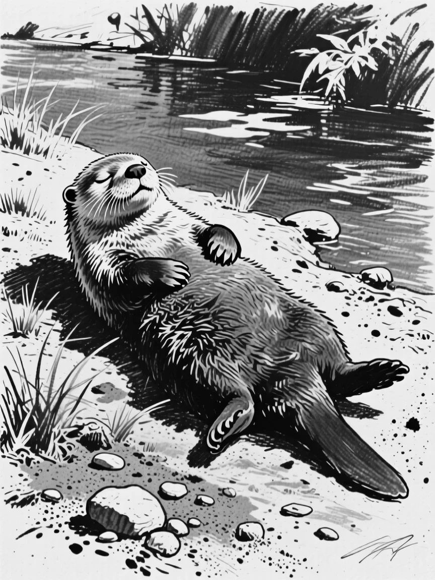 A sea otter basking in the warm sun on a riverbank.