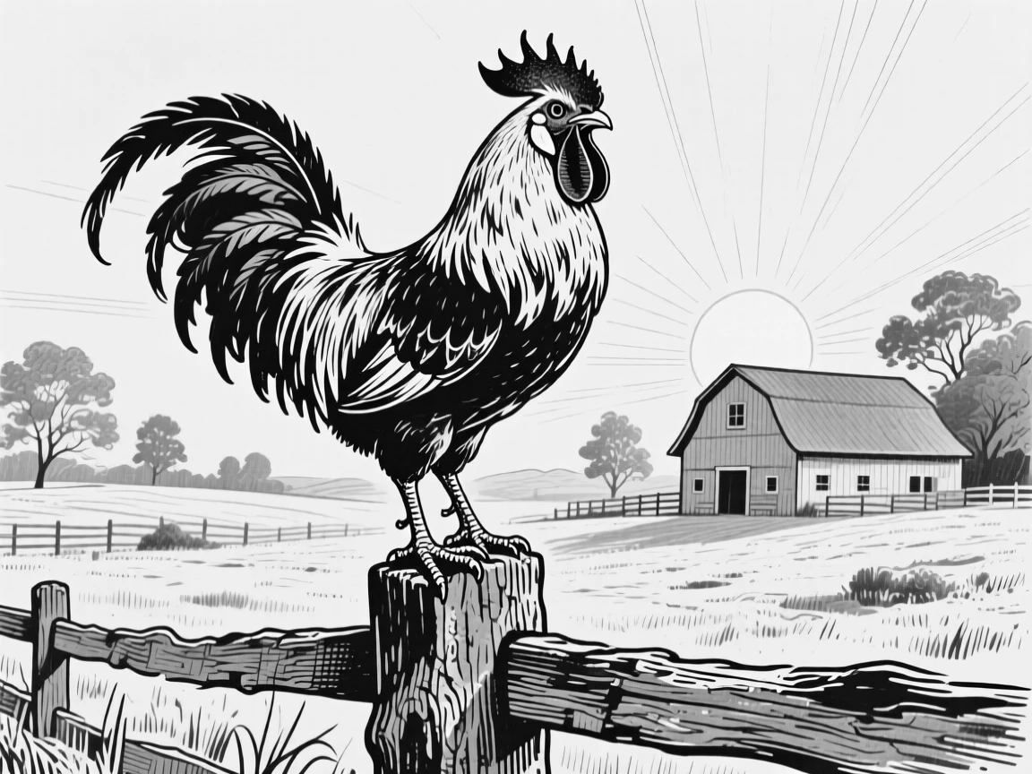 A rooster crowing atop a fence post as the sun rises over a farm.