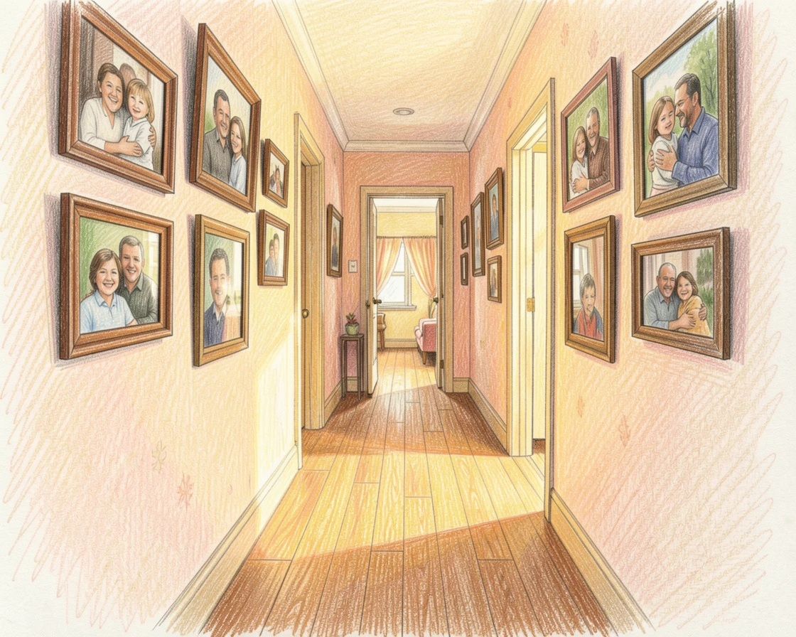 A warmly lit hallway lined with family photographs, with warm golden light spilling across the room, evoking the feeling of a peaceful slow morning at home.