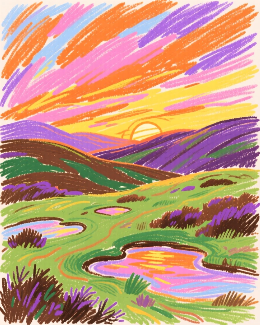 A view of a highland moor reflecting the colors of a vivid sunset sky.