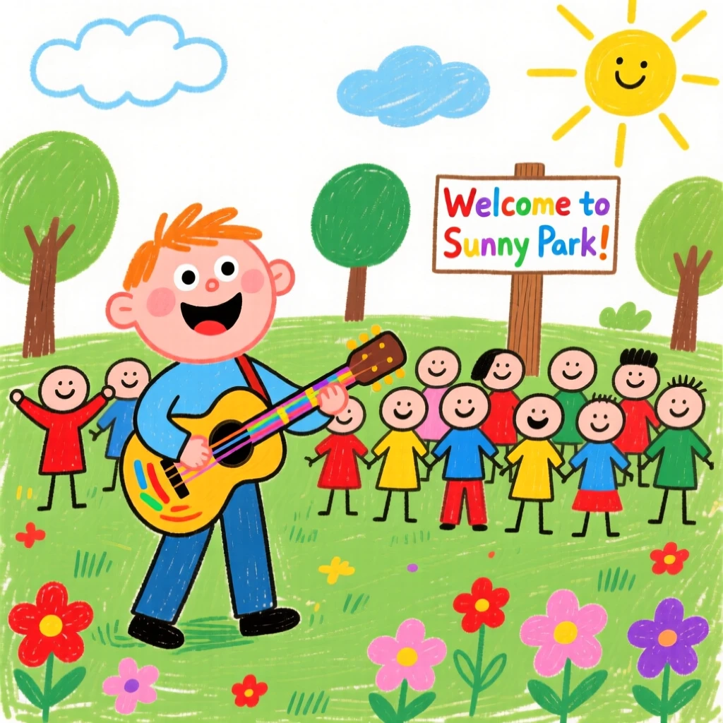A musician playing guitar for a crowd in a sunny park.