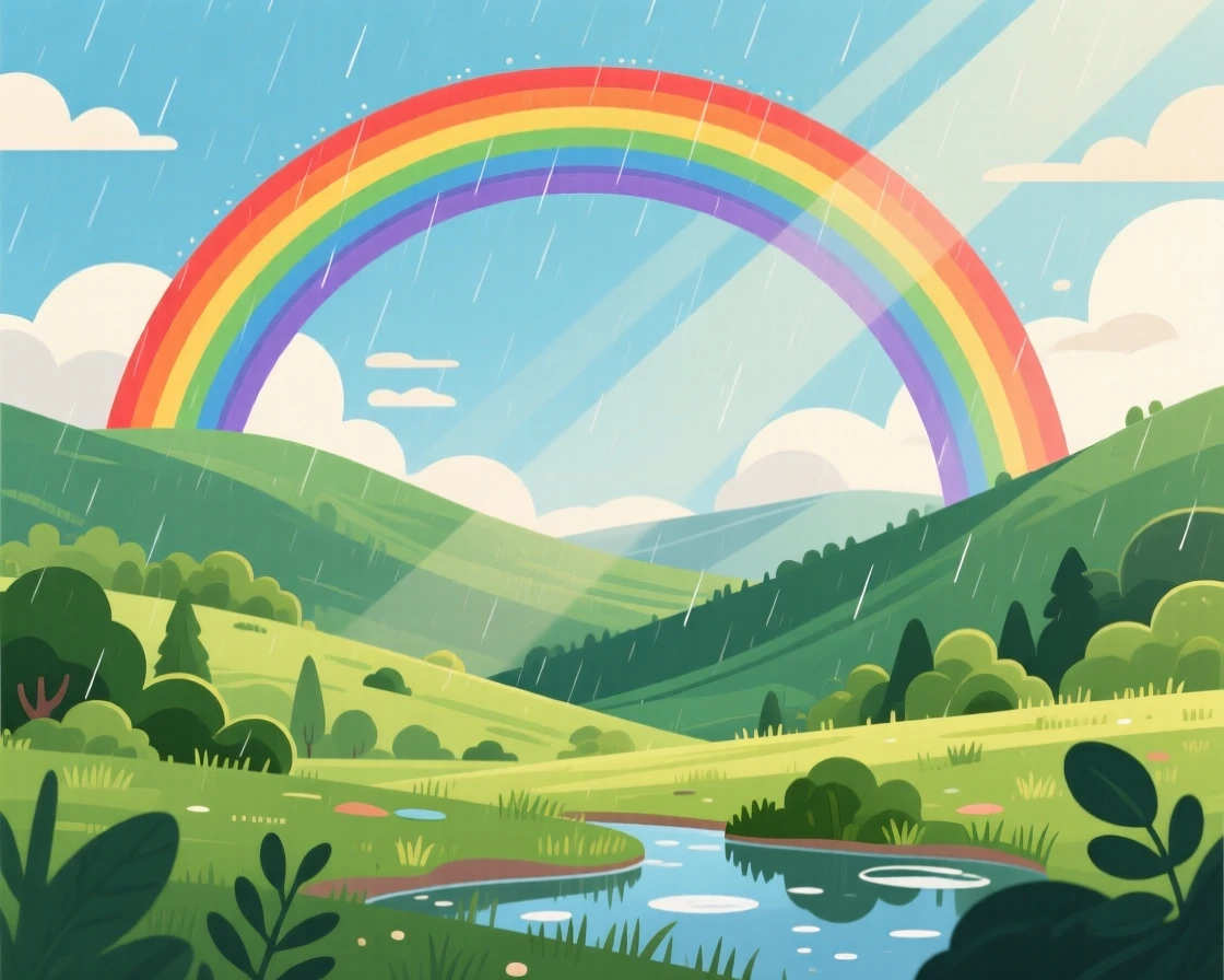 A rainbow arching over a lush green valley after rain, with soft rays of sunlight breaking through the clouds, balanced using the rule of thirds for natural harmony, with a fresh, crisp clarity that highlights every detail.