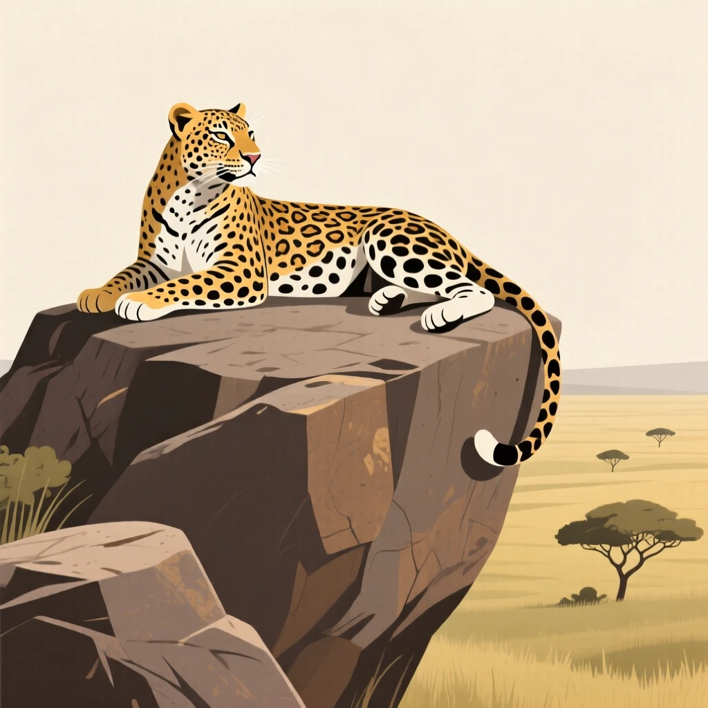 A majestic leopard resting on a rocky outcrop overlooking the savanna.