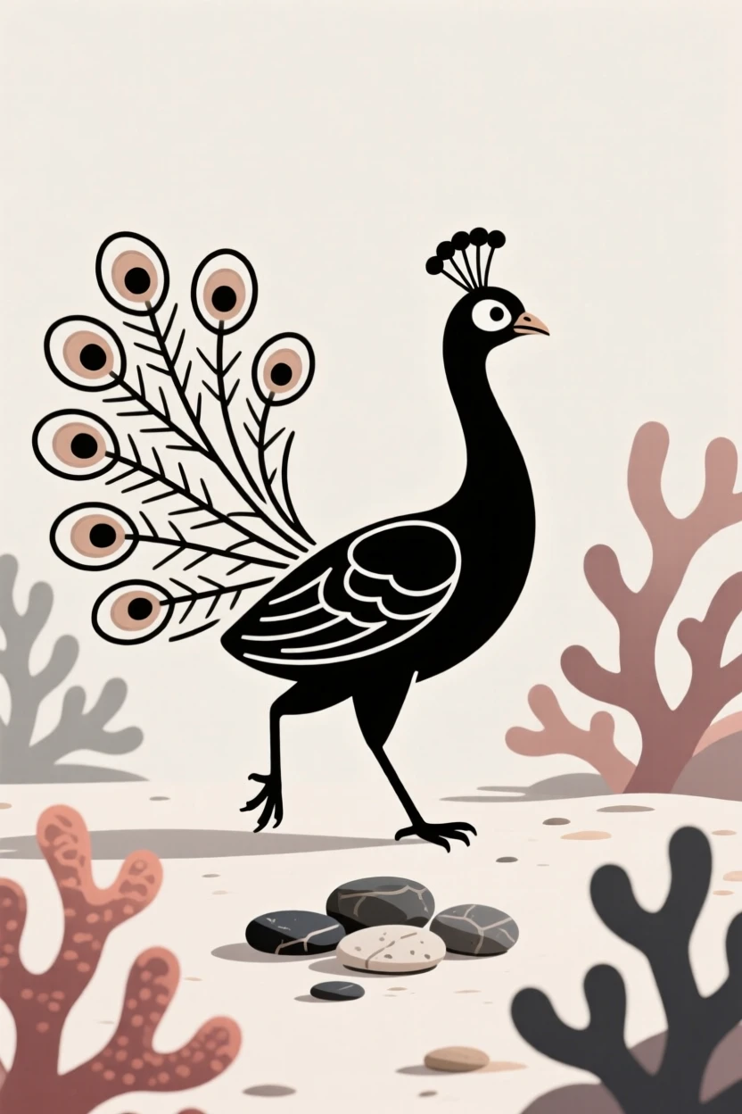 A curious peacock pausing in a coral reef, with a cluster of pebbles in the background, radiating playful energy.