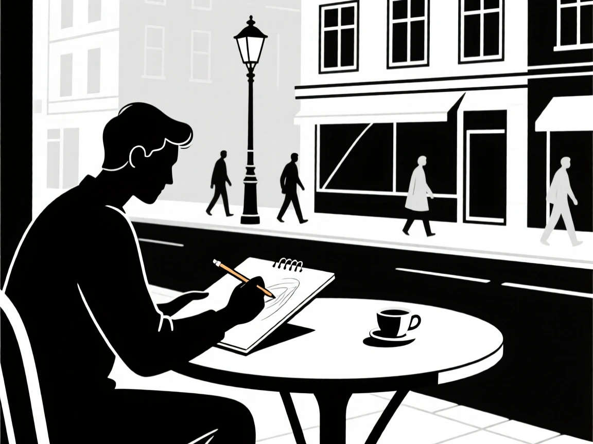 An artist sketching a street scene from a café table.