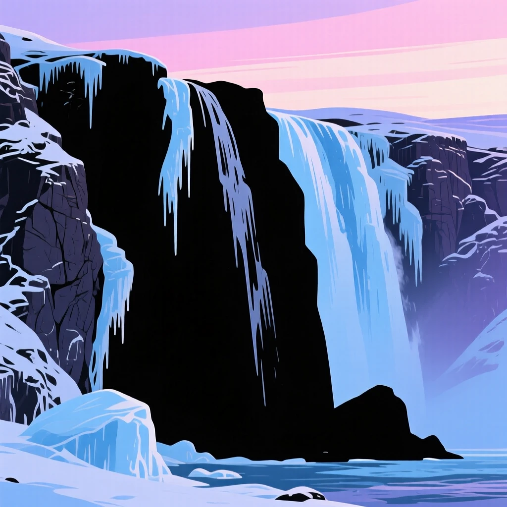 A frozen waterfall with ice formations clinging to the rock face.
