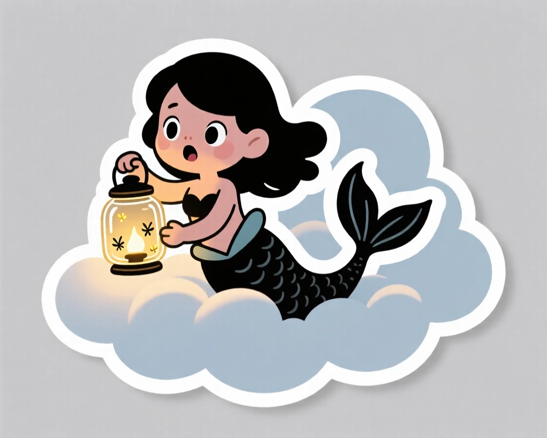 A surprised tiny mermaid carrying a lantern made of a firefly jar, floating among fluffy clouds.