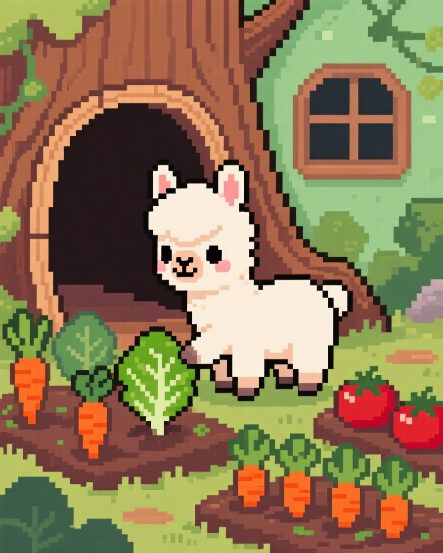 A baby alpaca tending a small vegetable garden, inside a hollow tree stump home.