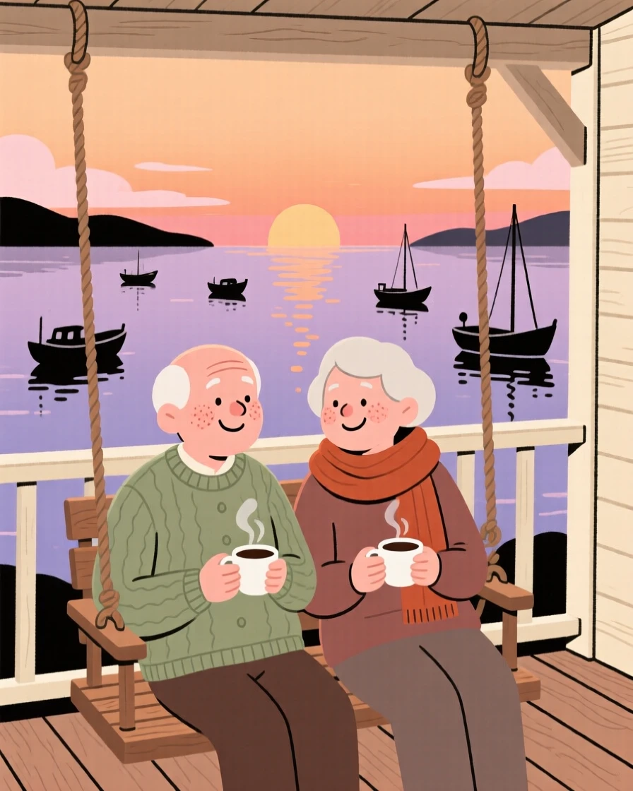 Two old friends sit on a porch swing overlooking the harbor at sunset, sharing cups of coffee and easy laughter as boats drift lazily across the water.