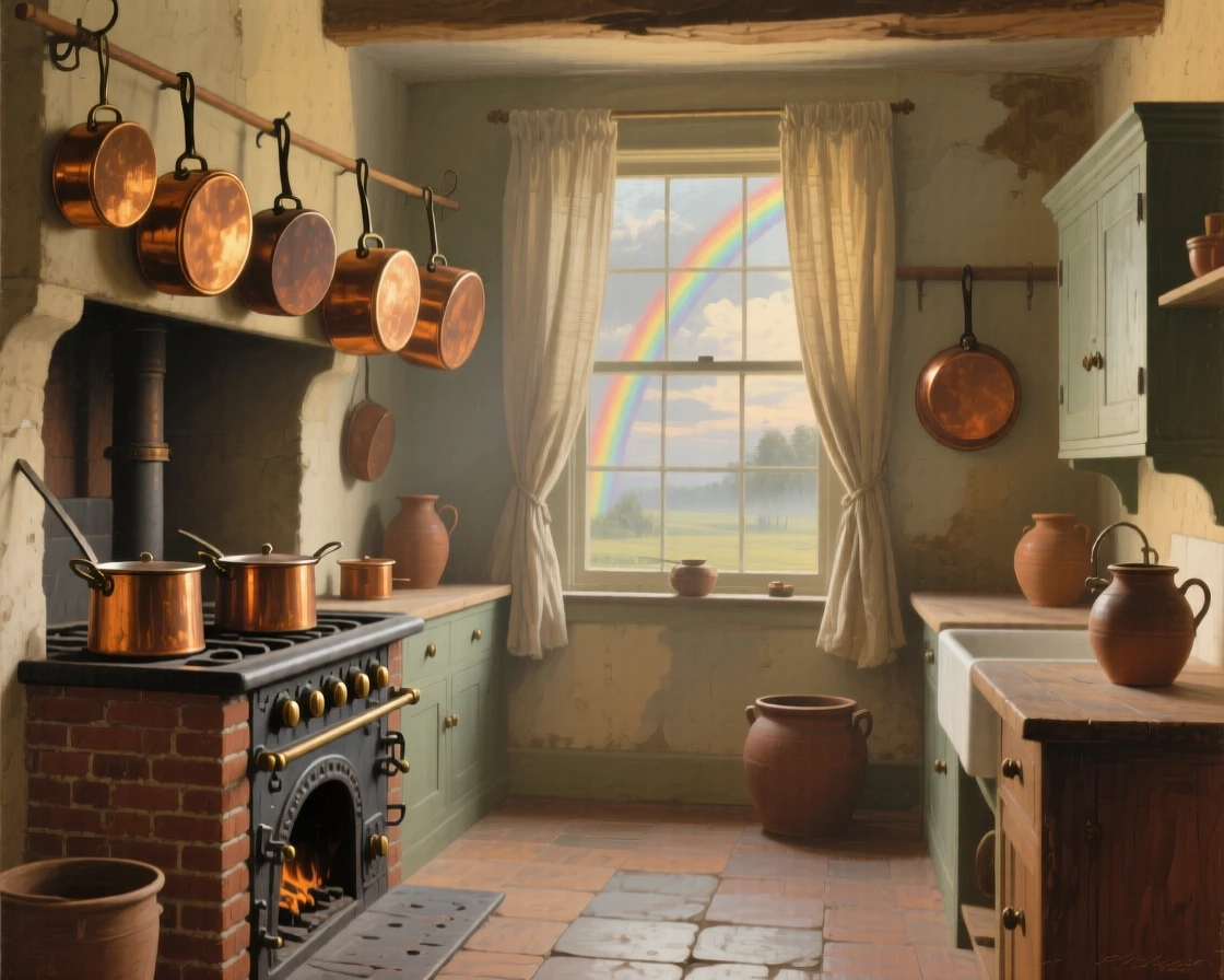 A well-framed scene of a farmhouse kitchen with copper pots hanging above a wood-fired stove, in early morning light, under a rainbow after a storm.